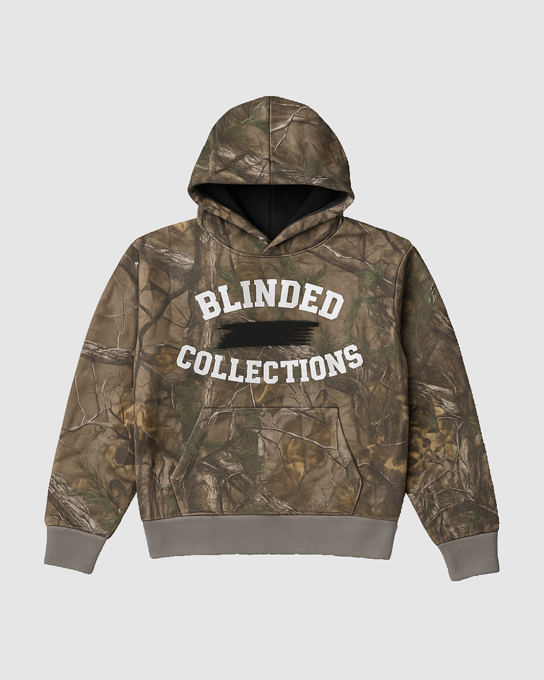Camouflage hoodie with 'Blinded Collections' text on a light gray background